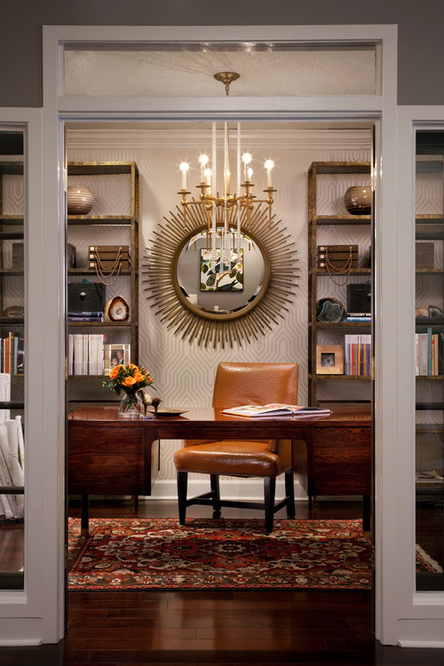 freestanding bookshelves on long wall